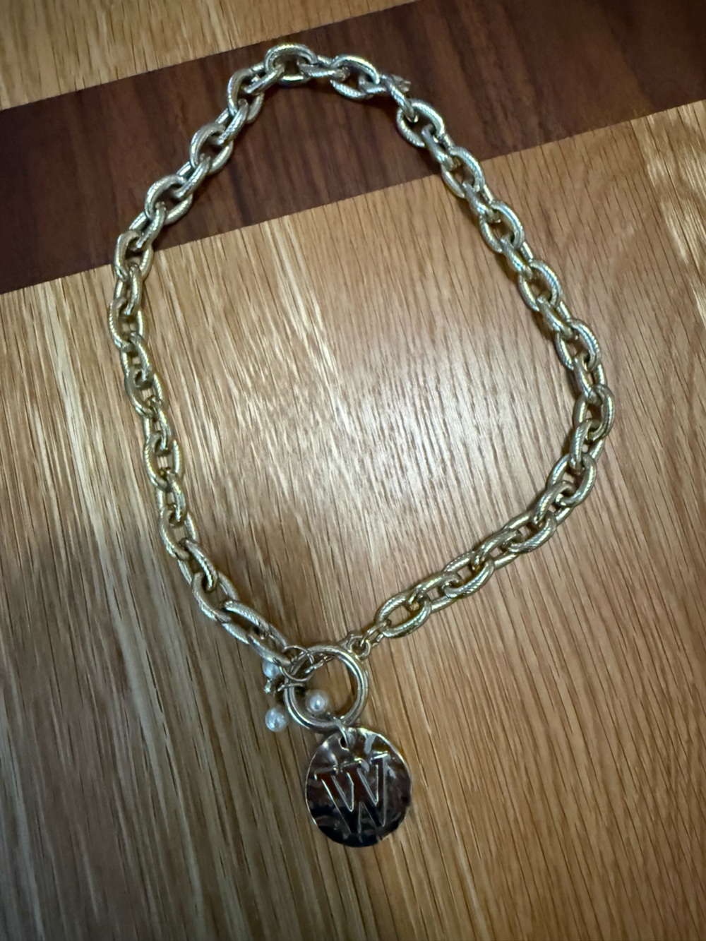 Initial W gold chain necklace with pearls
